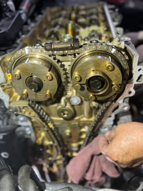 Timing chain and camshaft components during engine work at MVS